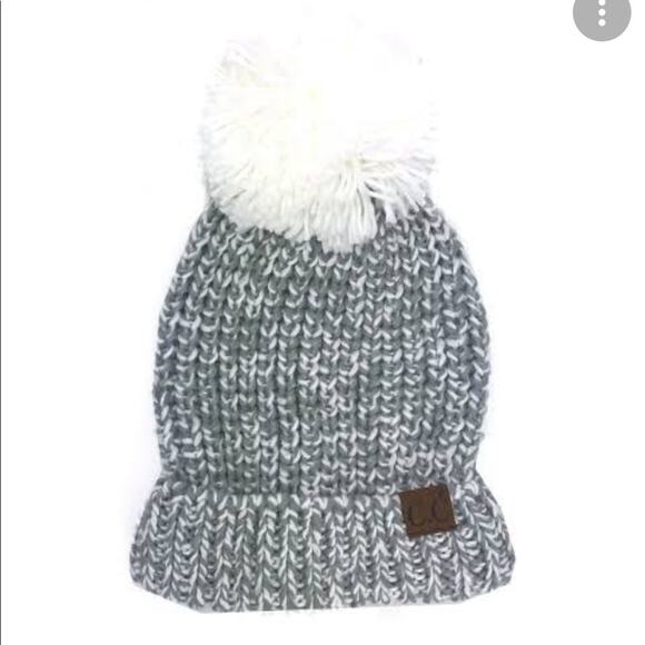 C.C. Hat Winter Grey and White with Pom Pom on Top - Picture 1 of 6